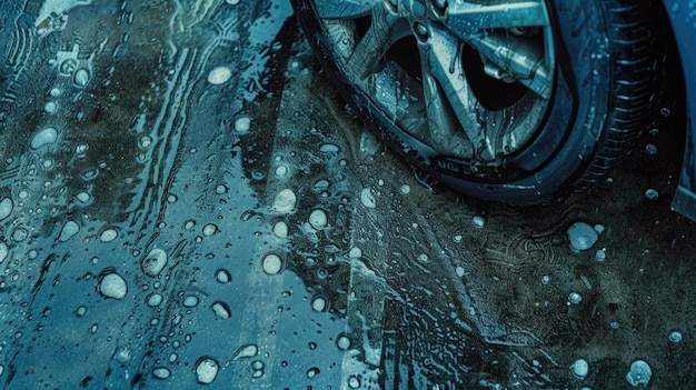 Фото Близкий взгляд на автомобильную шину на мокрой дороге отлично подходит для автомобильных или безопасных концепций