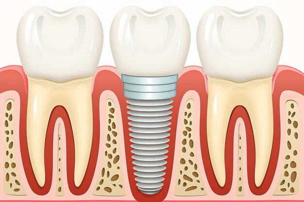 사진 치아 임플란트 또는 건강한 인간의 치아의 클로즈업 백색 에나멜 및 치아 임프란트 수술