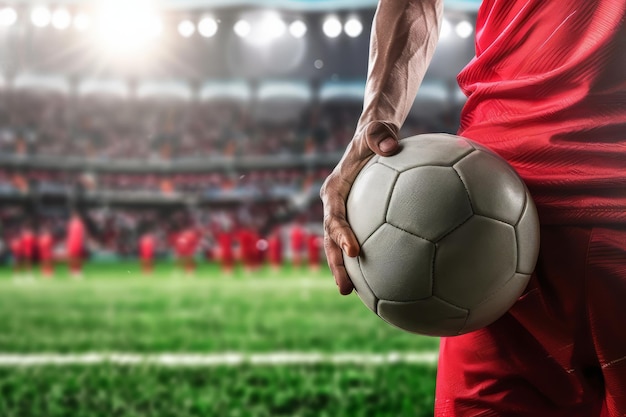 Фото close up of a football soccer player holding a ball in a stadium with a crowd in the background