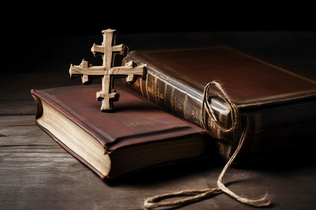 Фото Близкий снимок святой библии и христианского креста на деревянном столе счастливой страстной пятницы или религиозной концепции