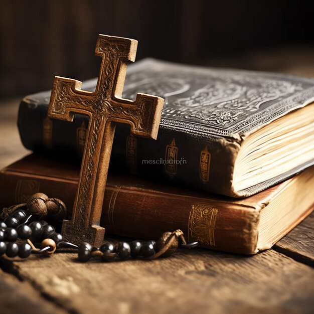 写真 神聖な聖書と木製のテーブル上のキリスト教の十字架のクローズアップ ハッピーグッドフライデーまたは宗教コンセプト