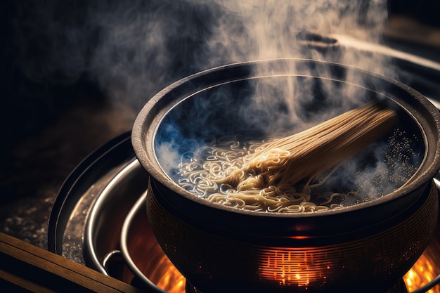 写真 麺のストレーナー付きのラーメンの熱い沸騰ポットのクローズアップ