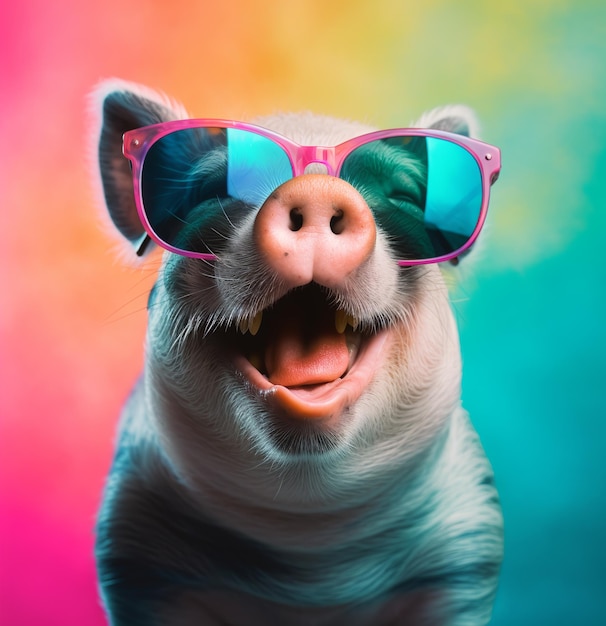 사진 화려한 배경에 격리된 안경을 쓴 돼지의 클로즈업