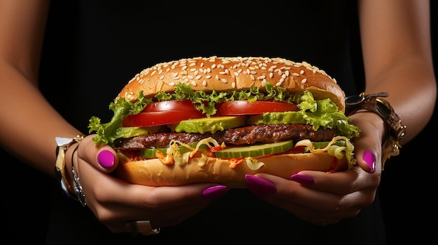 사진 맛있는 큰 햄버거를 들고 있는 여자 손의 근접