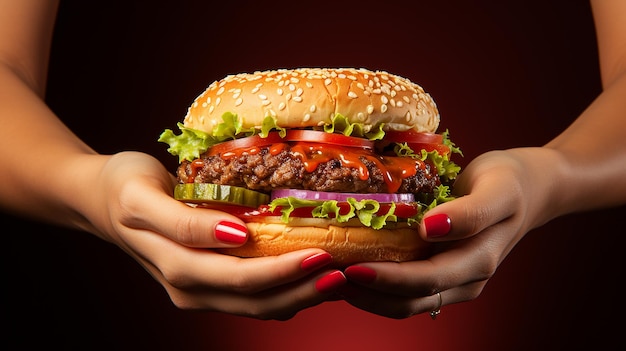 写真 美味しい大きなハンバーガーを握っている女性の手の近く