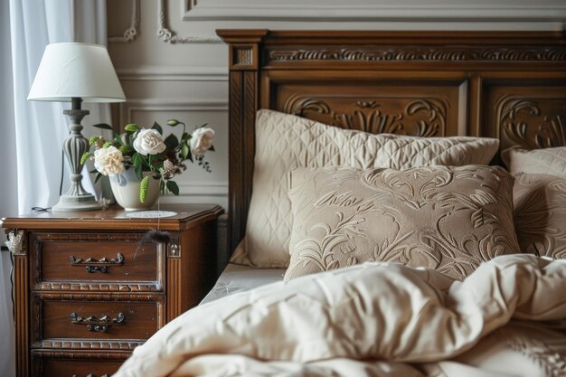 写真 close up of bedside cabinet near bed with beige bedding