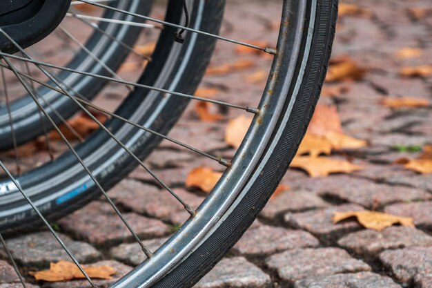 写真 道路上の自転車の車輪のクローズアップ