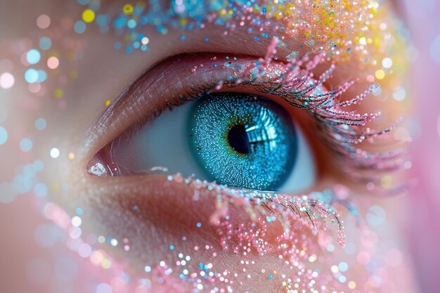 사진 다채로운 반이는 색으로 장식 된 파란 눈의 클로즈업