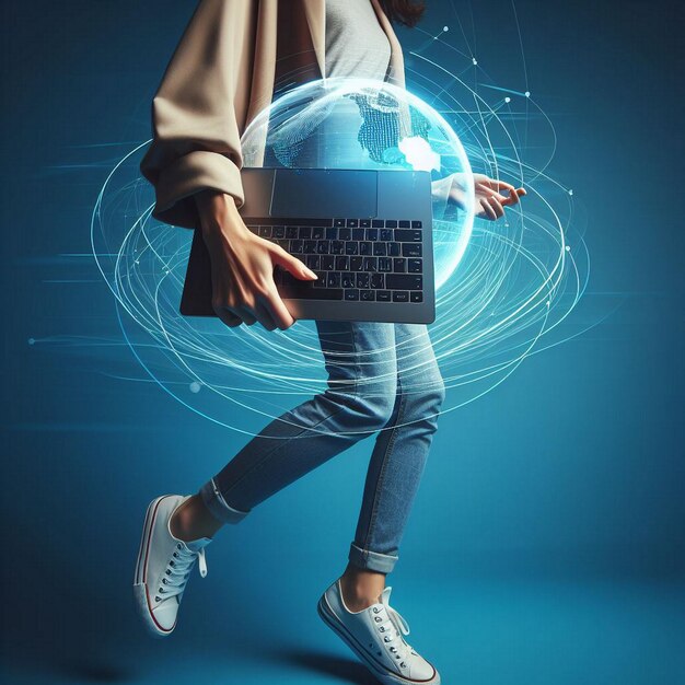 Фото Близкий взгляд на делового человека, держащего ноутбук на синем фоне с лучами света