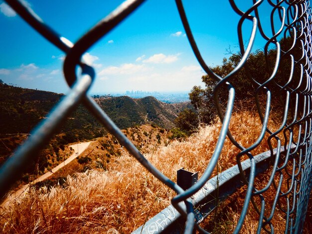 写真 空に照らされたチェーンリンクフェンスのクローズアップ