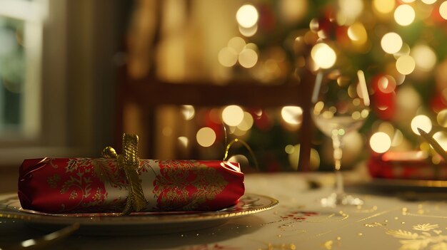 Фото Близкий взгляд на рождественский стол с рождественским крекером, расположенным на тарелке и генеративным ии