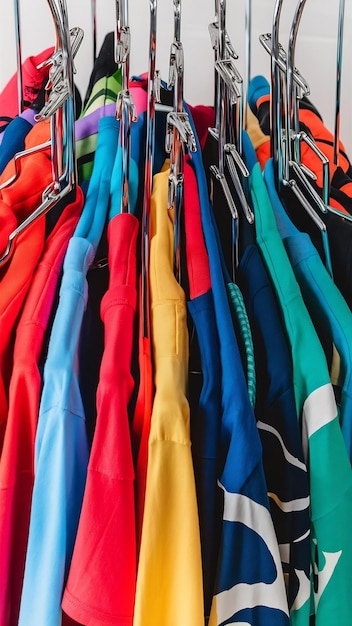 Фото Близкий взгляд на красочные футболки на вешалках на фоне одежды