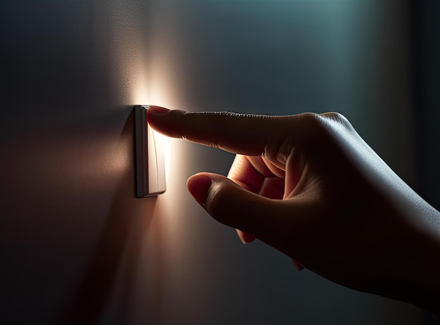写真 女性の指のクローズアップは,家で照明のスイッチを消す エネルギーを節約する 電気コピースペースを生成ai技術で作成しました