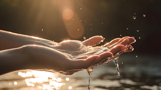 写真 夕暮れの時の水のスプラッシュと女性の手のクローズアップ