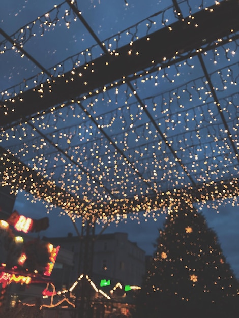 Фото Близкий план освещенной рождественской елки ночью