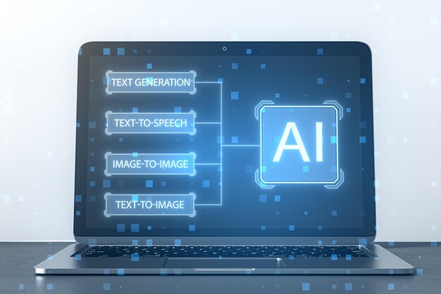 Фото Крупный план портативного компьютера с креативным интерфейсом ai на размытом светлом фоне инновации в области искусственного интеллекта и концепция робототехники 3d-рендеринг