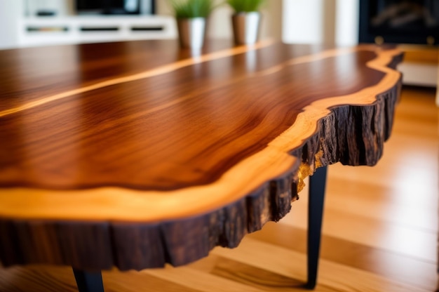 Фото Ближайший вид деревянного кофейного стола с акцентом на живом краю
