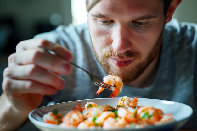 写真 キッチンで煮たエビを楽しんでいる男性のクローズアップ