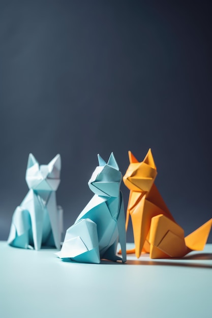 Фото Крупный план оригами фигурок кошек на синем фоне, созданных с использованием генеративной технологии ии