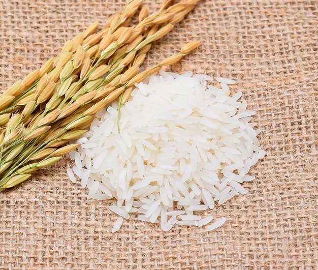 Фото Близкий план сырого риса на джуте