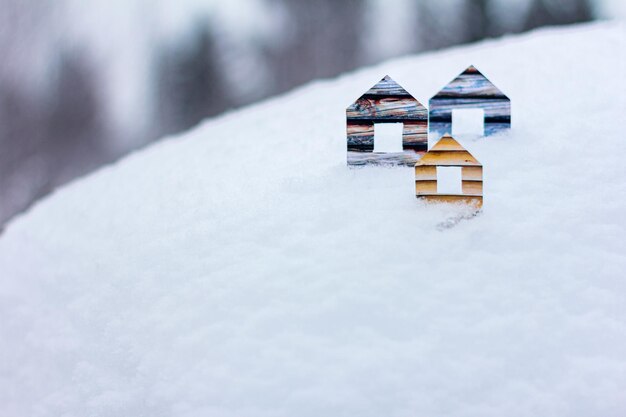 写真 雪で覆われた建物上の小さな家のクローズアップ