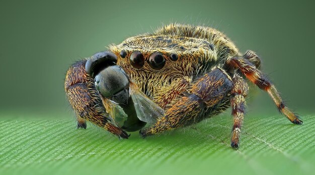 写真 葉の上の昆虫とクローザップのクモ