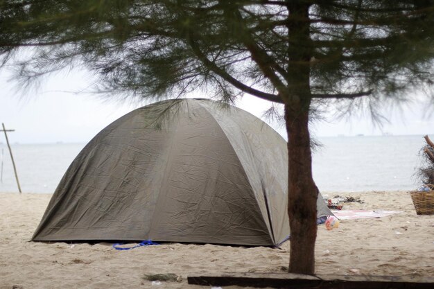 사진 하늘 을 배경 으로 해변 에 있는 텐트 의 클로즈업