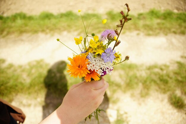 写真 外で花の植物の花束を握っている女性の手のクローズアップ