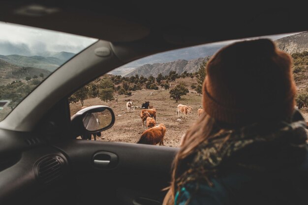 写真 車の中の女性のクローズアップ