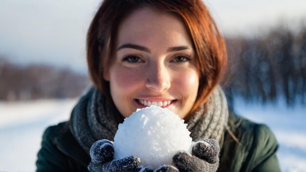 写真 雪玉を握っている女性の手袋を近づける 悪事を企画する 遊び心のある微笑み