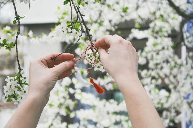 写真 枝に糸を結ぶ女性のクローズアップ