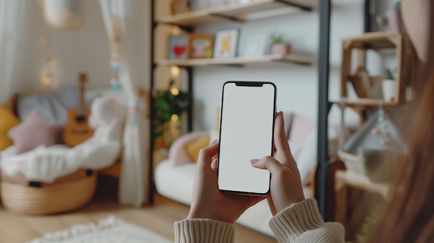 写真 close up of womans hand holding smartphone with white blank empty mockup on kids room background