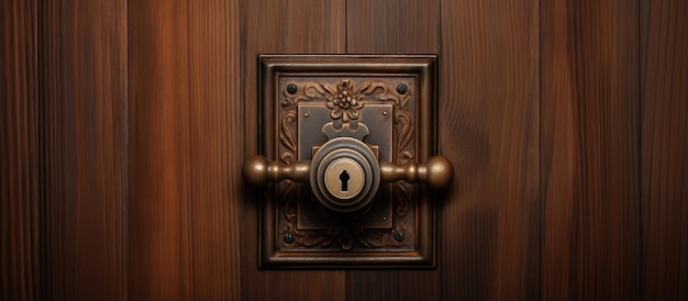 写真 鍵穴とドアノブが見える木製のドアの接写