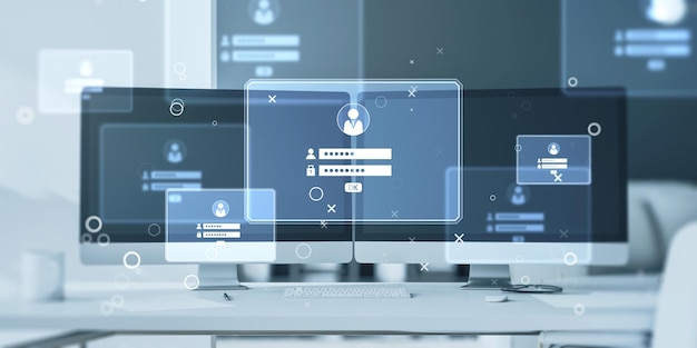 写真 ぼやけたオフィスの背景にラップトップ コンピューターのモニターとログインの詳細ホログラムを備えた職場のクローズ アップパスワード ビジネス ページ インターネットと技術の概念二重露光