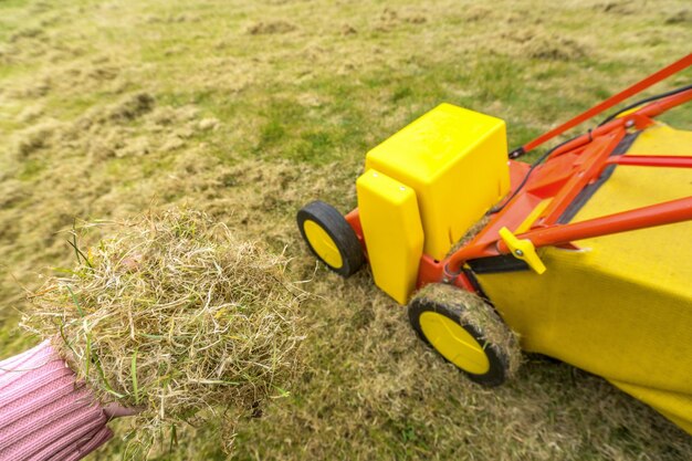 写真 フィールドの黄色いおもちゃ車のクローズアップ