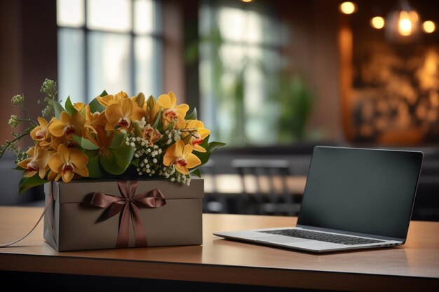 Close up of office decorations in box and laptop on desk