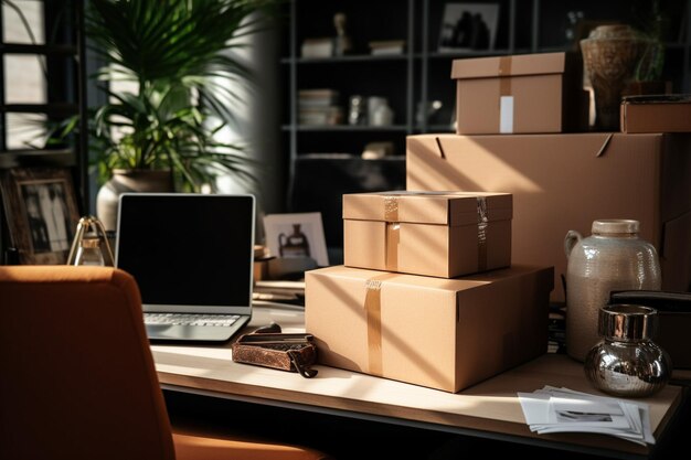 Close up of office decorations in box and laptop on desk