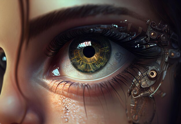 Close-up ogen van vrouwelijke cyborg kunstmatige intelligentie illustratie AI generatief