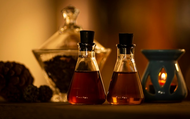 Close-up of oil in bottles on table