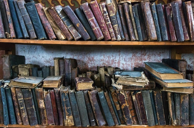 close-up of old books on shelf