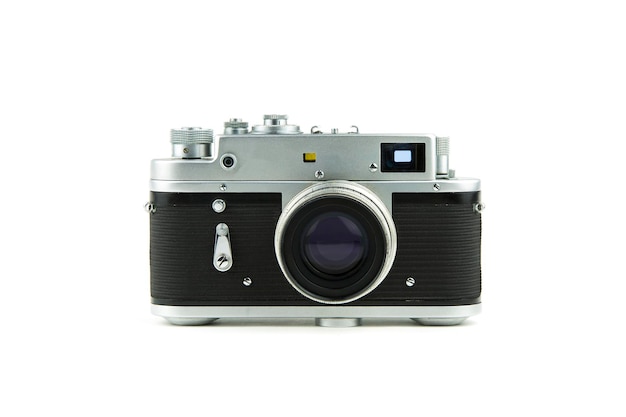 Close-up of old camera against white background