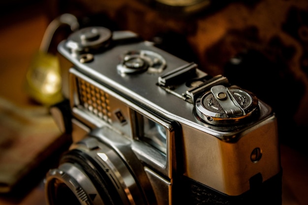 close-up of old camera on table