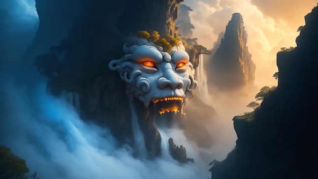 close up of an old Chinese gorgon its head hidden in a rocky cliff its eyes blazing with a fiery
