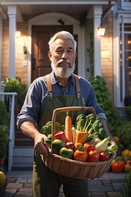 Close up of old farmer holding a basket of vegetables the man is standing in the garden