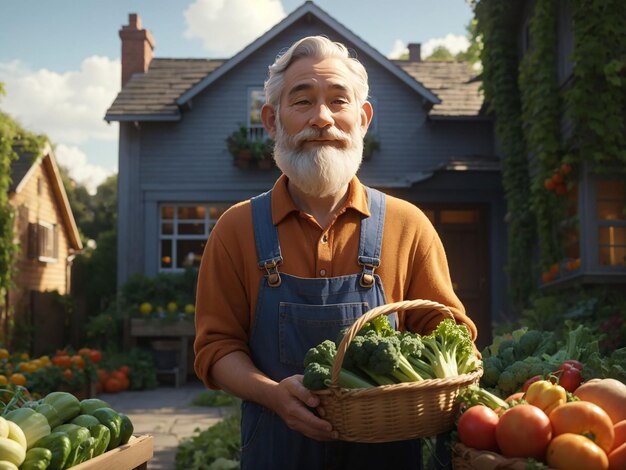 Close up of old farmer holding a basket of vegetables the man is standing in the garden