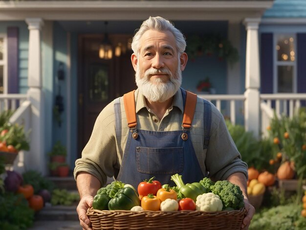 Близкий взгляд на старого фермера, держащего корзину с овощами. Человек стоит в саду.