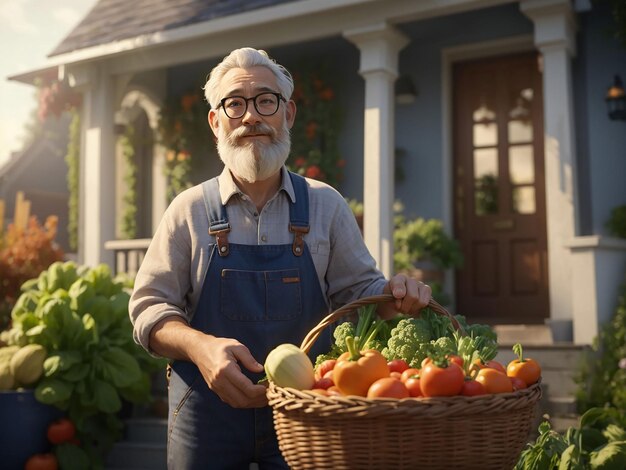 Close up of old farmer holding a basket of vegetables the man is standing in the garden