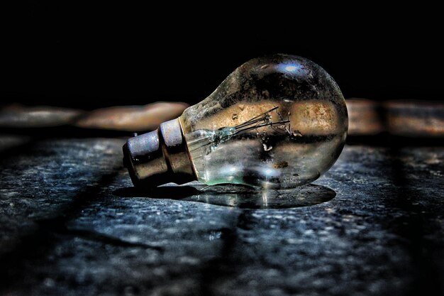 Close-up of old light bulb on table