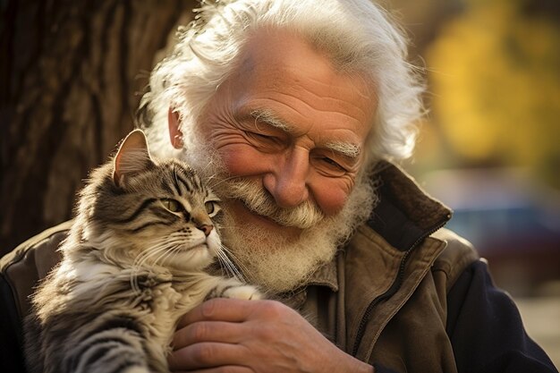 Close up of old man hugging his cat bokeh style background