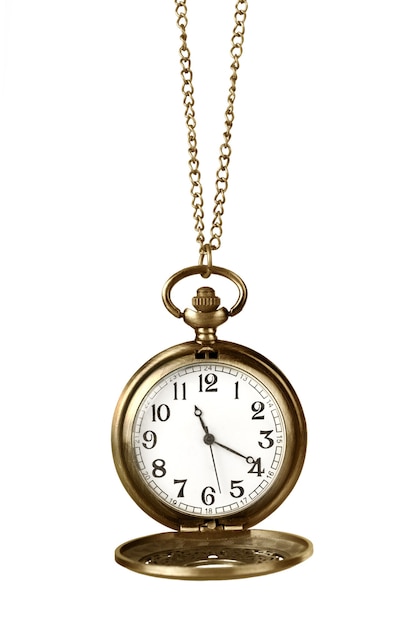 Close-up of old pocket watch isolated on white background